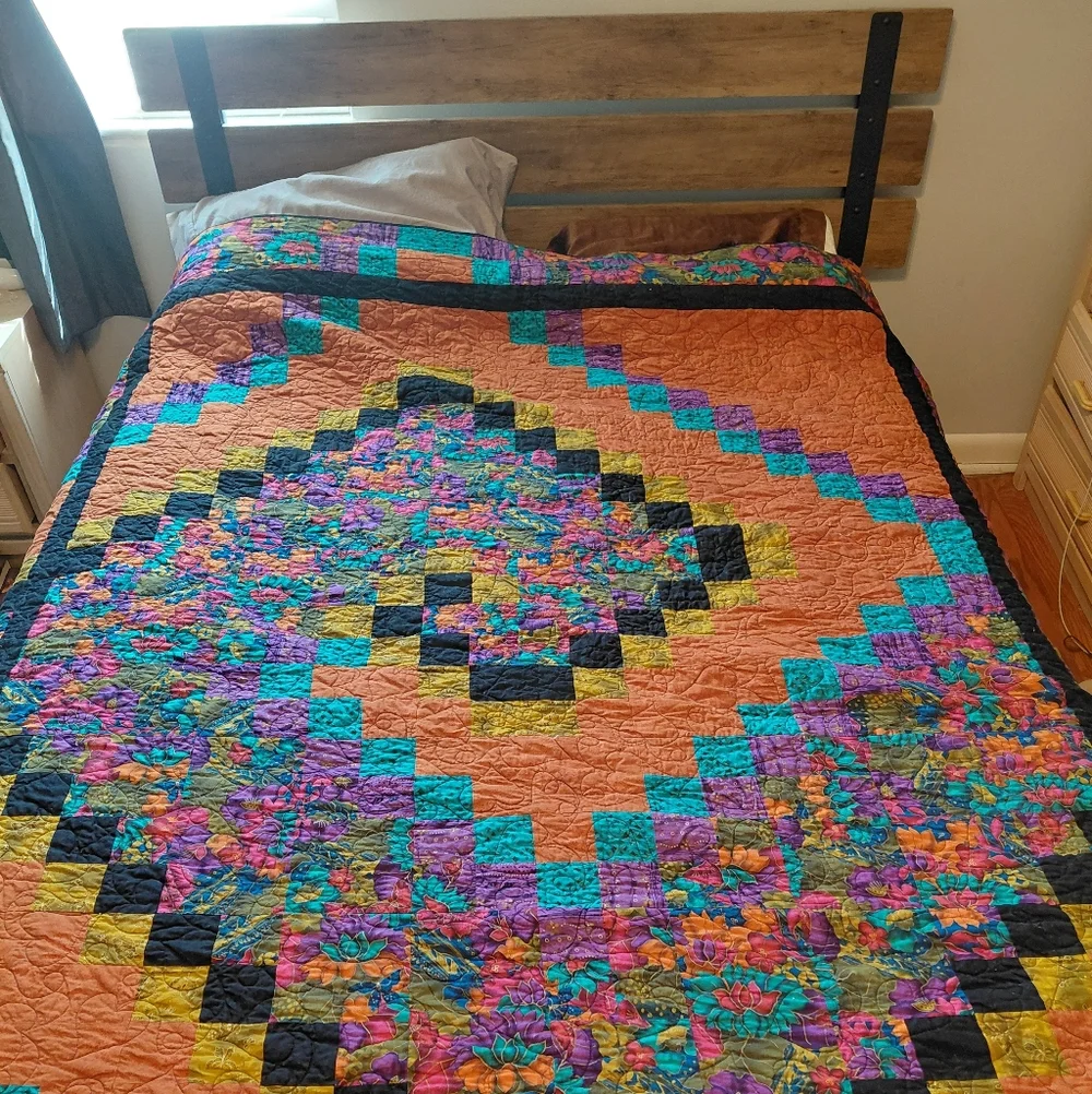 Handmade Spiral Quilt 70x90 Large Art Quilt Bedspread Boho Colorful Blanket